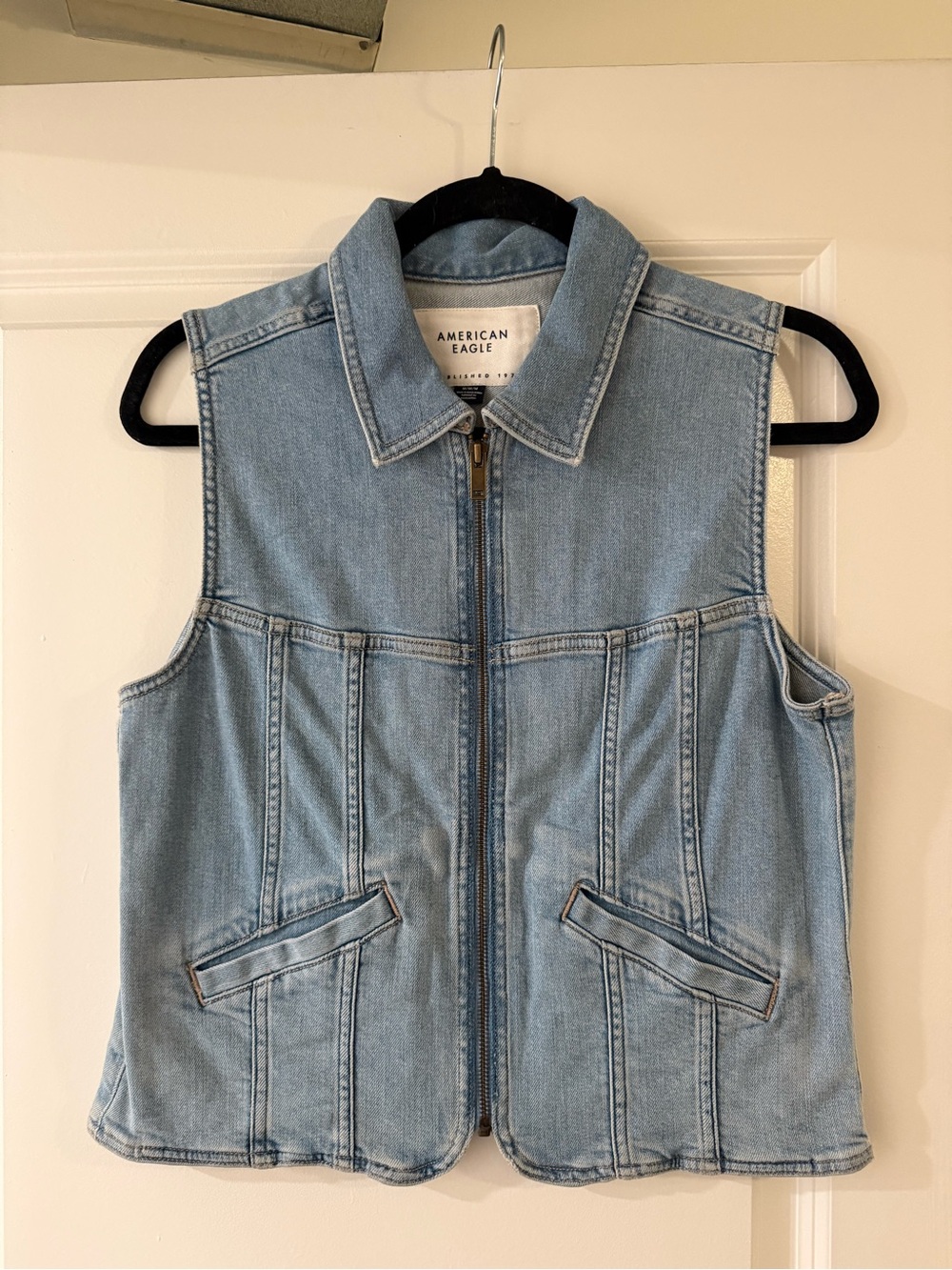 American Eagle Light Blue Denim Zip Vest